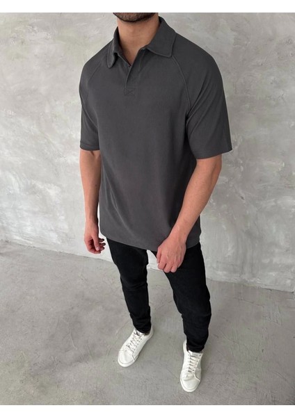 Yakalı Patlı Kısa Kol T-Shirt - Antrasit