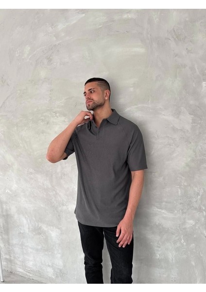 Yakalı Patlı Kısa Kol T-Shirt - Antrasit fiyatları