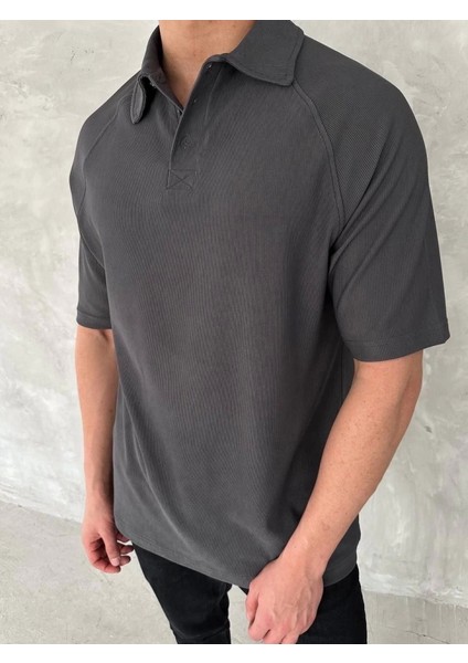 Yakalı Patlı Kısa Kol T-Shirt - Antrasit modelleri