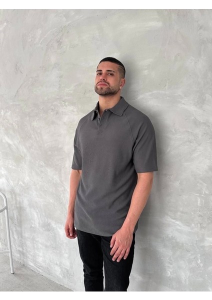 Yakalı Patlı Kısa Kol T-Shirt - Antrasit fırsatları