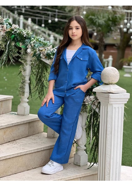 Kol Katlamalı Keten Gömlek Cepli Keten Alt & Suprem Askılı Badi 3lü Kız Çocuk Takım