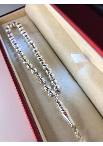 Erkek 925 Gümüş Tesbih • Çizgili Küre Orta Boy 16,5gr Işıklı Kutuda