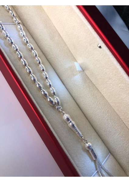 Erkek Gümüş Tesbih • Arpa Kesim Noktalı Orta Boy 18 gr Işıklı Kutuda