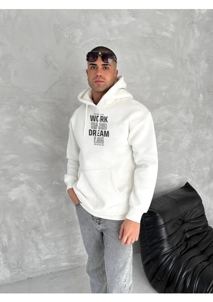Kışlık Üç Iplik Kapşonlu Sweatshirt - Beyaz