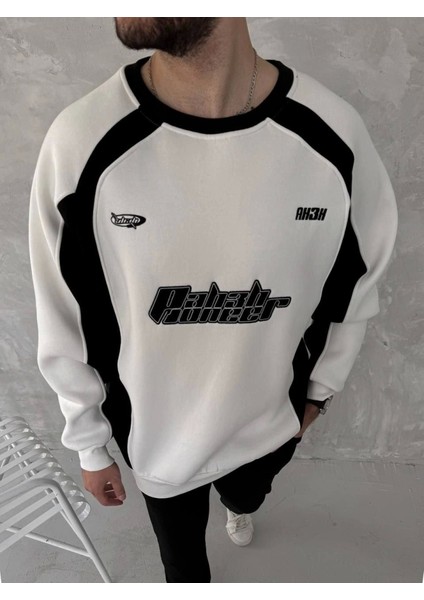 Kışlık Nakış Işlemeli Bisiklet Yaka Parçalı Sweatshirt - Beyaz