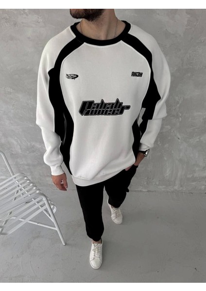 Kışlık Nakış Işlemeli Bisiklet Yaka Parçalı Sweatshirt - Beyaz