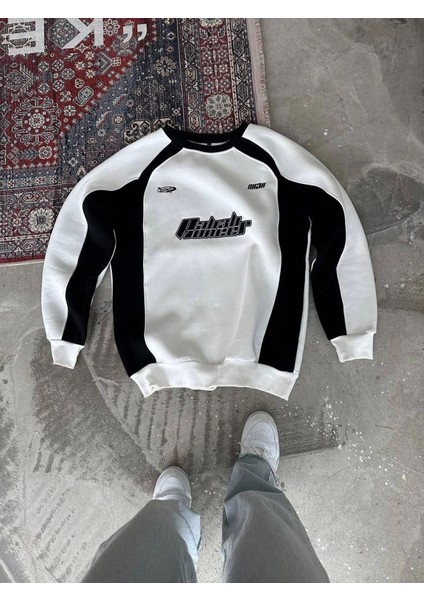 Kışlık Nakış Işlemeli Bisiklet Yaka Parçalı Sweatshirt - Beyaz