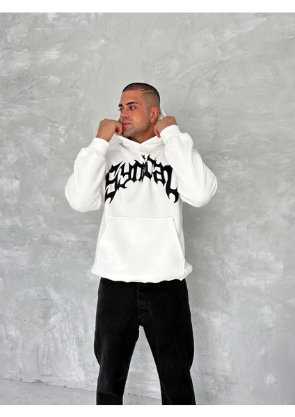 Unisex Üç Iplik Kapşonlu Baskılı Sweatshirt - Beyaz fiyatları