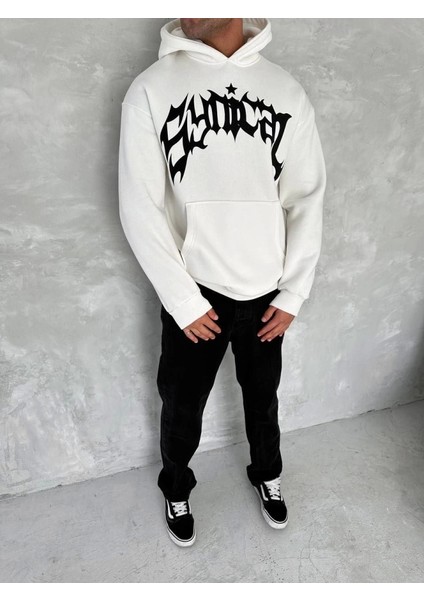 Unisex Üç Iplik Kapşonlu Baskılı Sweatshirt - Beyaz modelleri