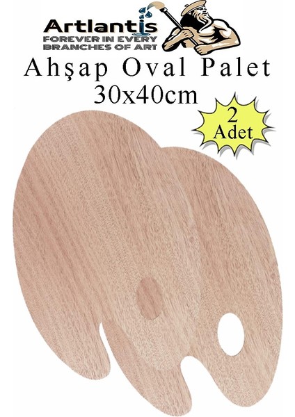 Ahşap Oval Palet Naturel 30X40 cm 2 Adet Büyük Boy Ahşap Boya Paleti Resim Boyama Tepsisi Akrilik Guaj Karıştırıcı 30X40