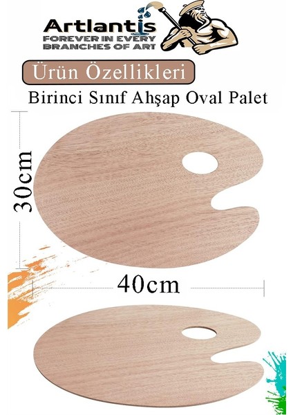 Ahşap Oval Palet Naturel 30X40 cm 2 Adet Büyük Boy Ahşap Boya Paleti Resim Boyama Tepsisi Akrilik Guaj Karıştırıcı 30X40