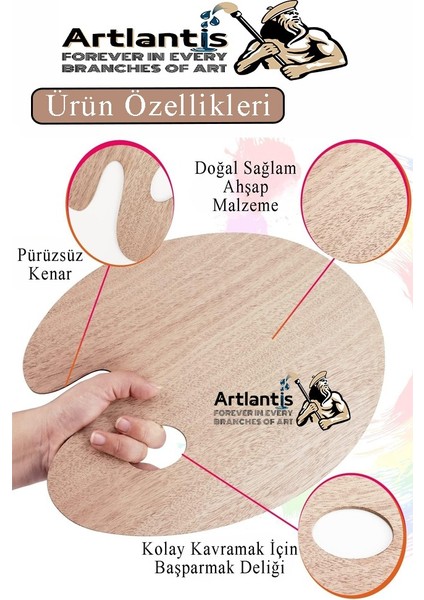 Ahşap Oval Palet Naturel 30X40 cm 2 Adet Büyük Boy Ahşap Boya Paleti Resim Boyama Tepsisi Akrilik Guaj Karıştırıcı 30X40