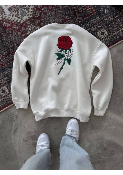 Unisex Bisiklet Yaka Ön ve Arka Baskılı Sweatshirt - Beyaz