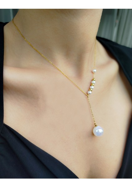 Gold Renkli Inci Detayları Olan Zarif Çelik Kadın Kolye indirimleri