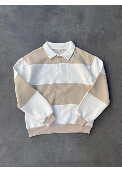 Unisex Üç Iplik Parçalı Yakalı Sweatshirt - Bej