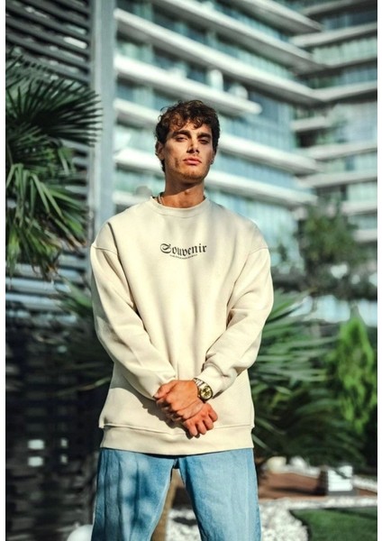 Oversize Bisiklet Yaka Baskılı Sweatshirt - Beyaz