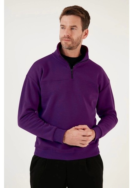 Oversize Yarım Farmuarlı Yakalı Basic Sweatshirt - Mor