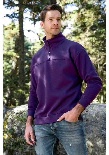 Oversize Yarım Farmuarlı Yakalı Basic Sweatshirt - Mor