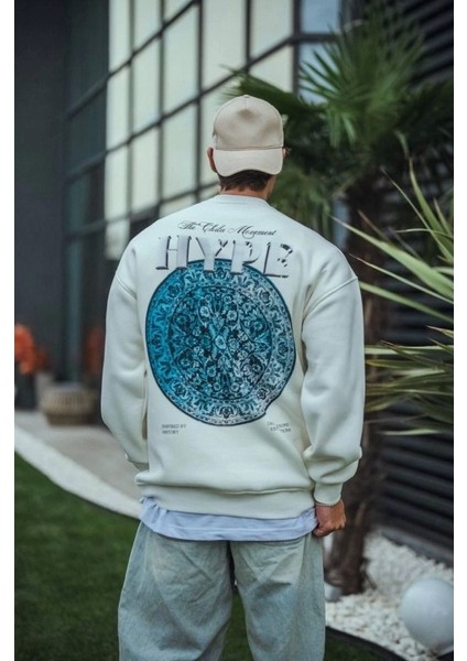 Üç Iplik Bisiklet Yaka Baskılı Sweatshirt - Beyaz