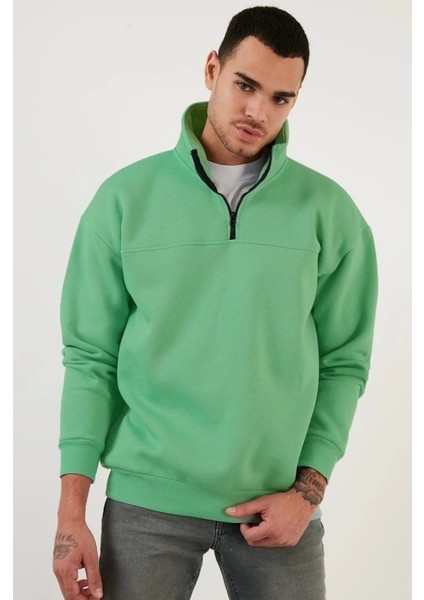 Oversize Yarım Farmuarlı Yakalı Basic Sweatshirt - Yeşil