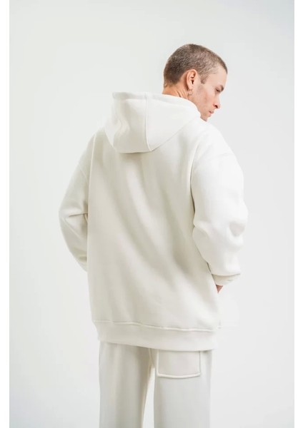 Unisex Double Oversize Kapşonlu Basic Sweatshirt - Beyaz