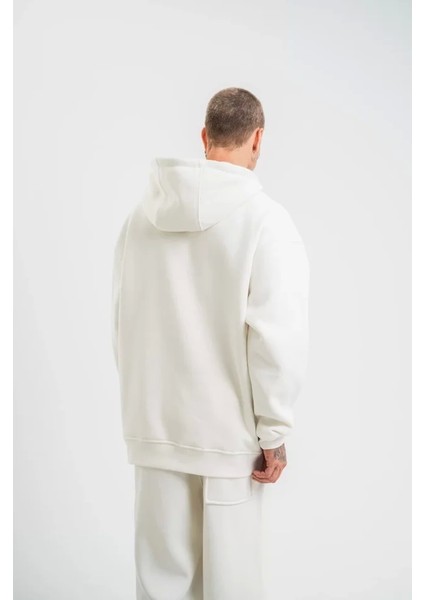 Unisex Double Oversize Kapşonlu Basic Sweatshirt - Beyaz