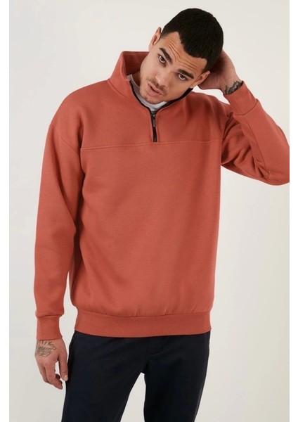 Oversize Yarım Farmuarlı Yakalı Basic Sweatshirt - Gül Kurusu