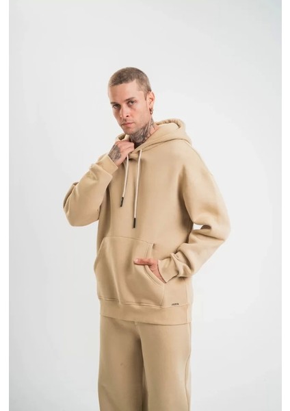 Unisex Double Oversize Kapşonlu Basic Sweatshirt - Bej