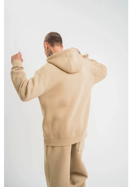 Unisex Double Oversize Kapşonlu Basic Sweatshirt - Bej