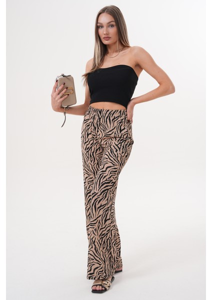 Zebra Desenli Ince Saten Yazlık Bol Paça Kadın Pantolon
