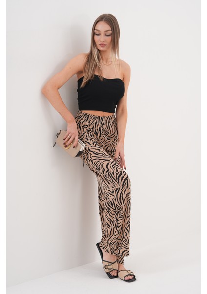 Zebra Desenli Ince Saten Yazlık Bol Paça Kadın Pantolon