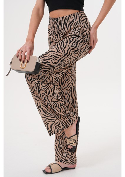 Zebra Desenli Ince Saten Yazlık Bol Paça Kadın Pantolon