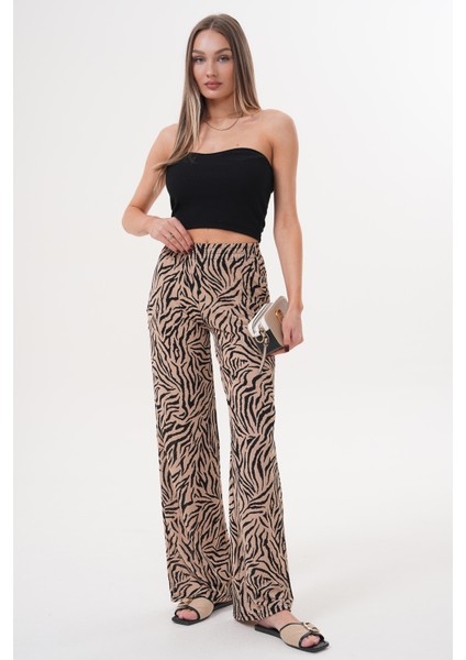 Zebra Desenli Ince Saten Yazlık Bol Paça Kadın Pantolon
