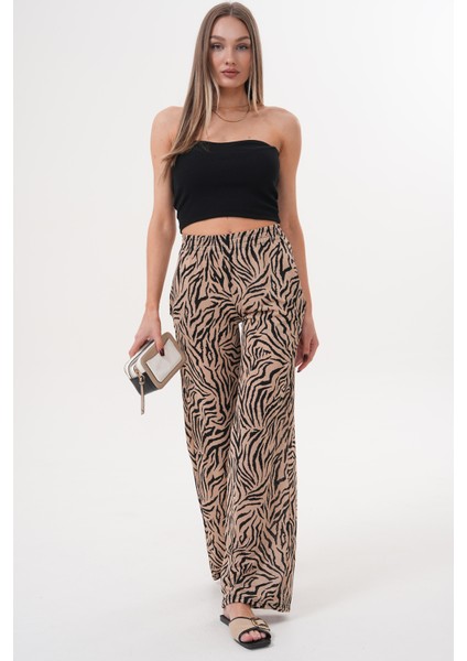 Zebra Desenli Ince Saten Yazlık Bol Paça Kadın Pantolon