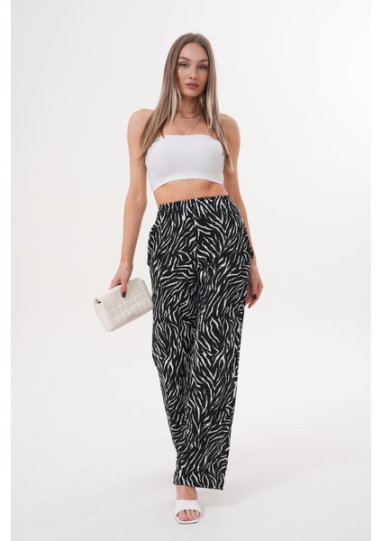 Zebra Desenli Ince Saten Yazlık Bol Paça Kadın Pantolon