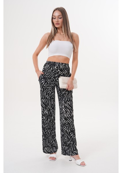 Zebra Desenli Ince Saten Yazlık Bol Paça Kadın Pantolon