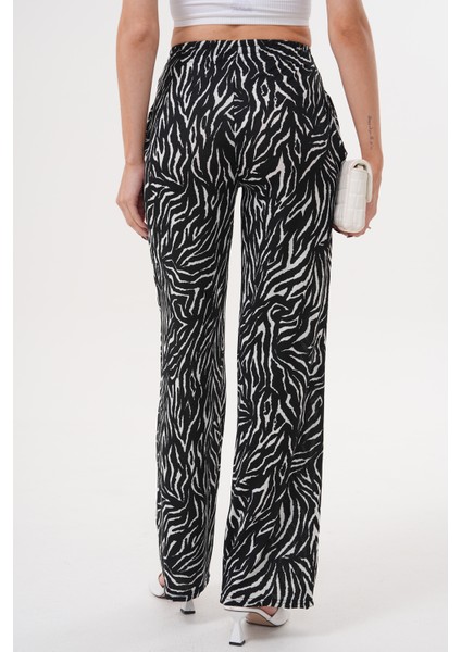 Zebra Desenli Ince Saten Yazlık Bol Paça Kadın Pantolon