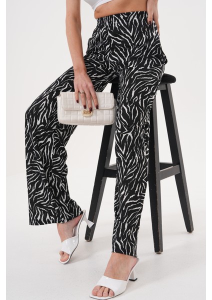 Zebra Desenli Ince Saten Yazlık Bol Paça Kadın Pantolon