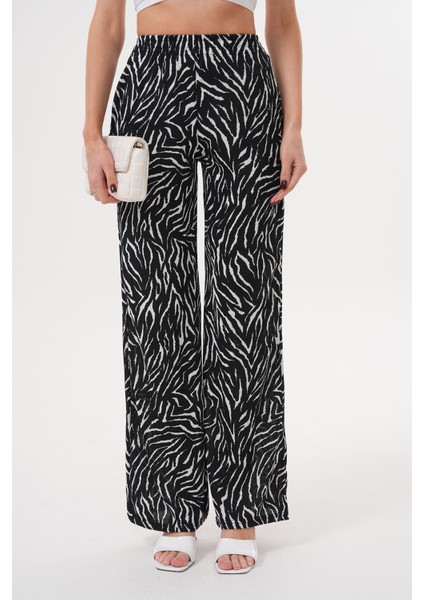 Zebra Desenli Ince Saten Yazlık Bol Paça Kadın Pantolon