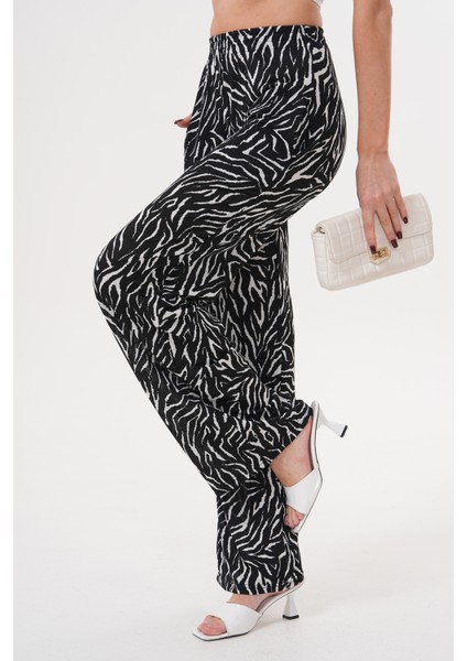 Zebra Desenli Ince Saten Yazlık Bol Paça Kadın Pantolon