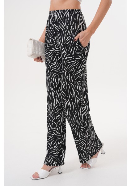 Zebra Desenli Ince Saten Yazlık Bol Paça Kadın Pantolon