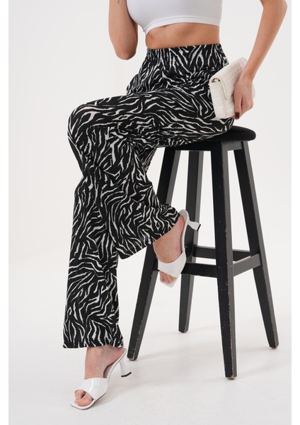Zebra Desenli Ince Saten Yazlık Bol Paça Kadın Pantolon