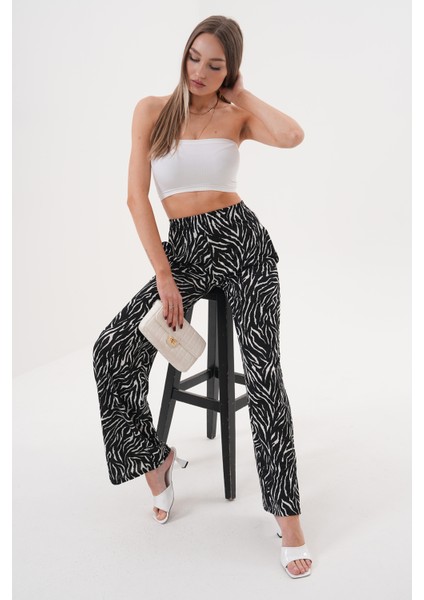 Zebra Desenli Ince Saten Yazlık Bol Paça Kadın Pantolon