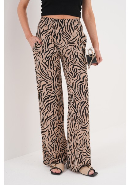Zebra Desenli Ince Saten Yazlık Bol Paça Kadın Pantolon