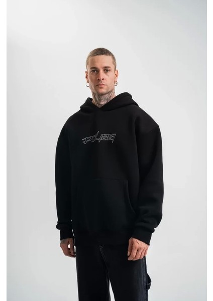 Unisex Üç Iplik Kapşonlu Nakışlı Sweatshirt - Siyah