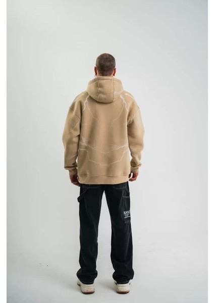 Double Oversize Kapşonlu Şimşek Pano Baskılı Sweatshirt - Bej