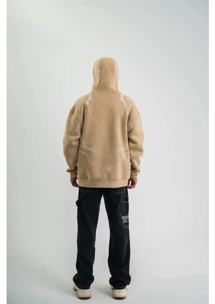 Double Oversize Kapşonlu Şimşek Pano Baskılı Sweatshirt - Bej