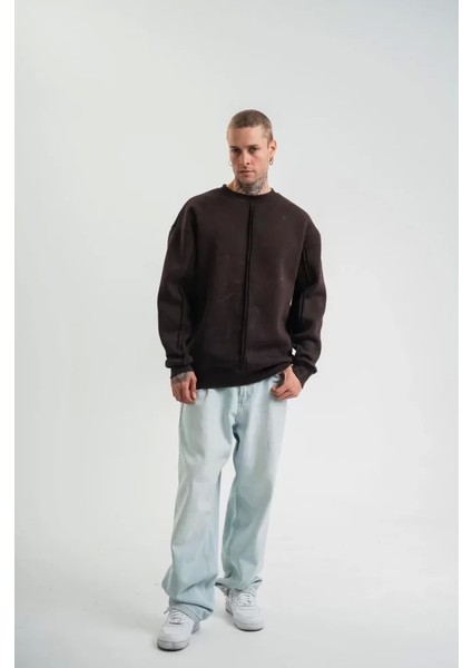 Polızeı Premium Kalite Bisiklet Yaka Yıkamalı Sweatshirt - Kahverengi fırsatları