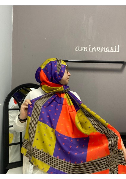 Aminenesil Cardion Premium Kare Şal Turuncu Yağ Yeşili Renk modelleri