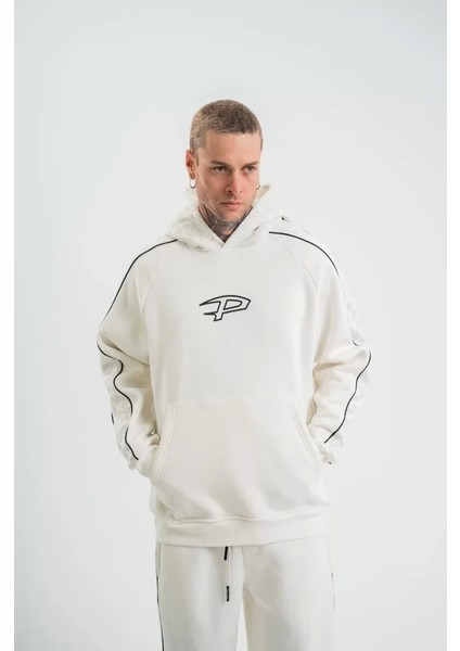Polızeı Premium Kalite Unisex Kapşonlu Ara Biyeli Sweatshirt - Beyaz